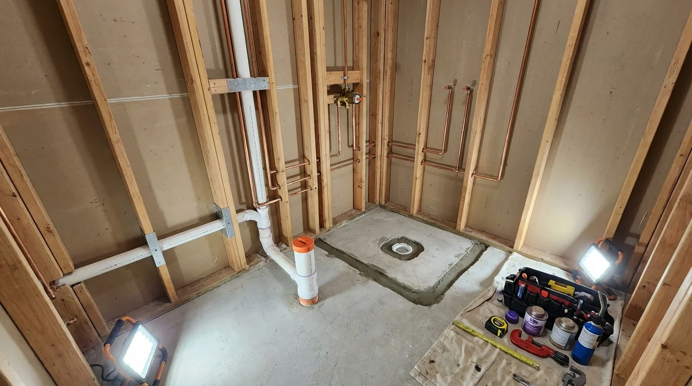 Bathroom rough-in plumbing during remodel by Johns Plumbing LLC in New City