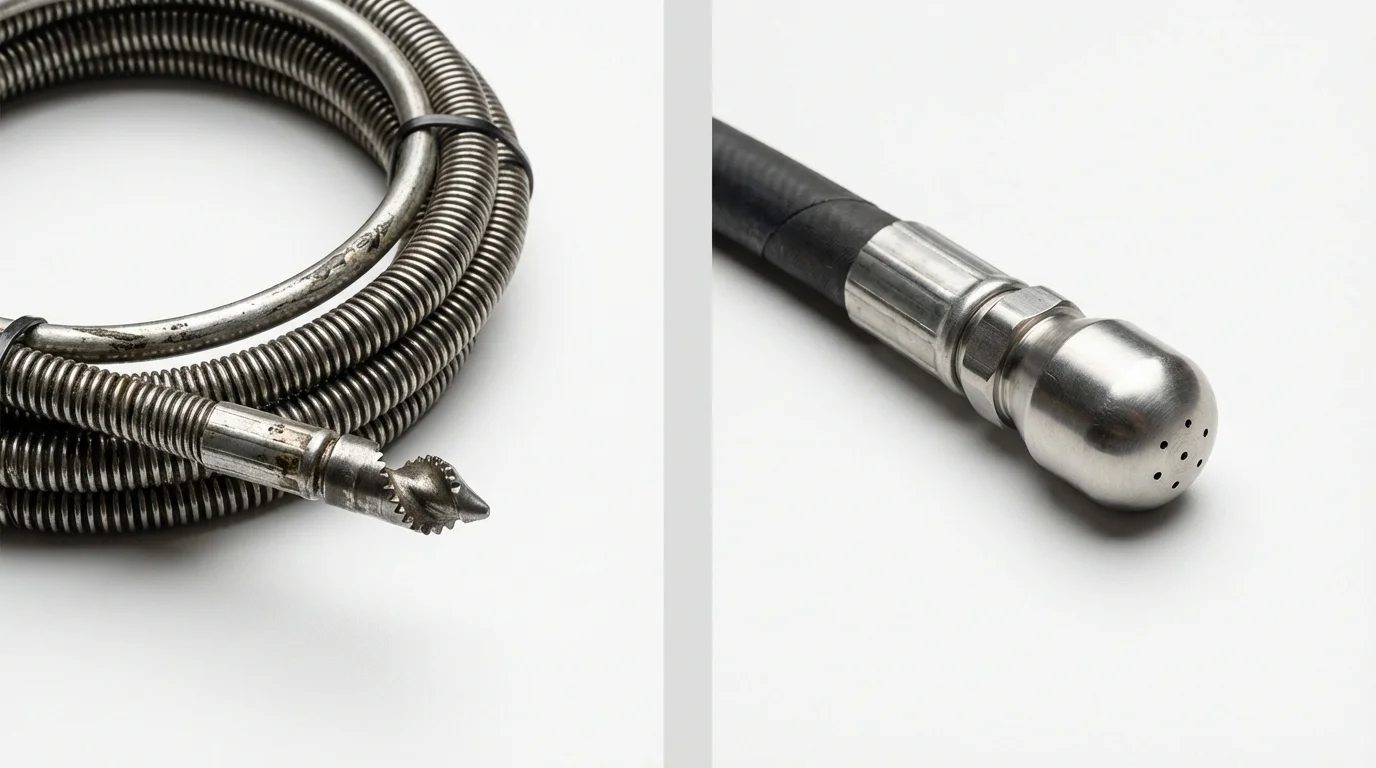 Drain snake cable and hydro jetting nozzle used for drain cleaning in New City, NY