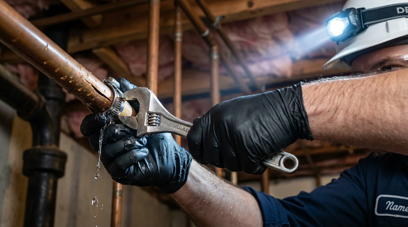 Emergency pipe clamp repair being performed by a Johns Plumbing LLC plumber in New City