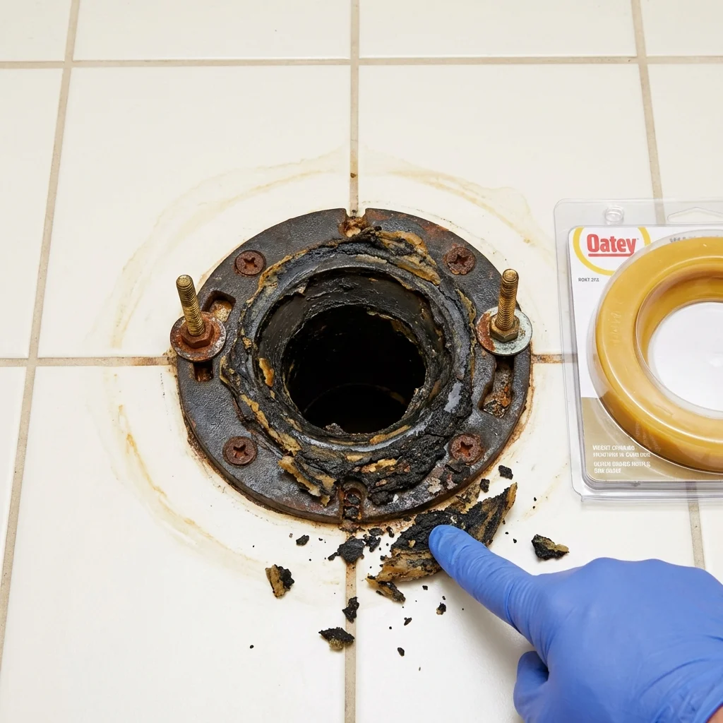Failed wax ring showing water seepage at the base of a toilet in a New City, NY home