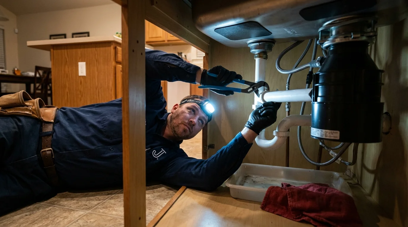 P-trap and supply line connections under a kitchen sink showing a common leak point in New City, NY